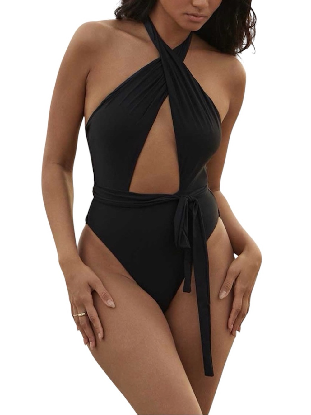 PQ Swim Midnight Alex Black Mesh Halter One Piece Swimsuit L